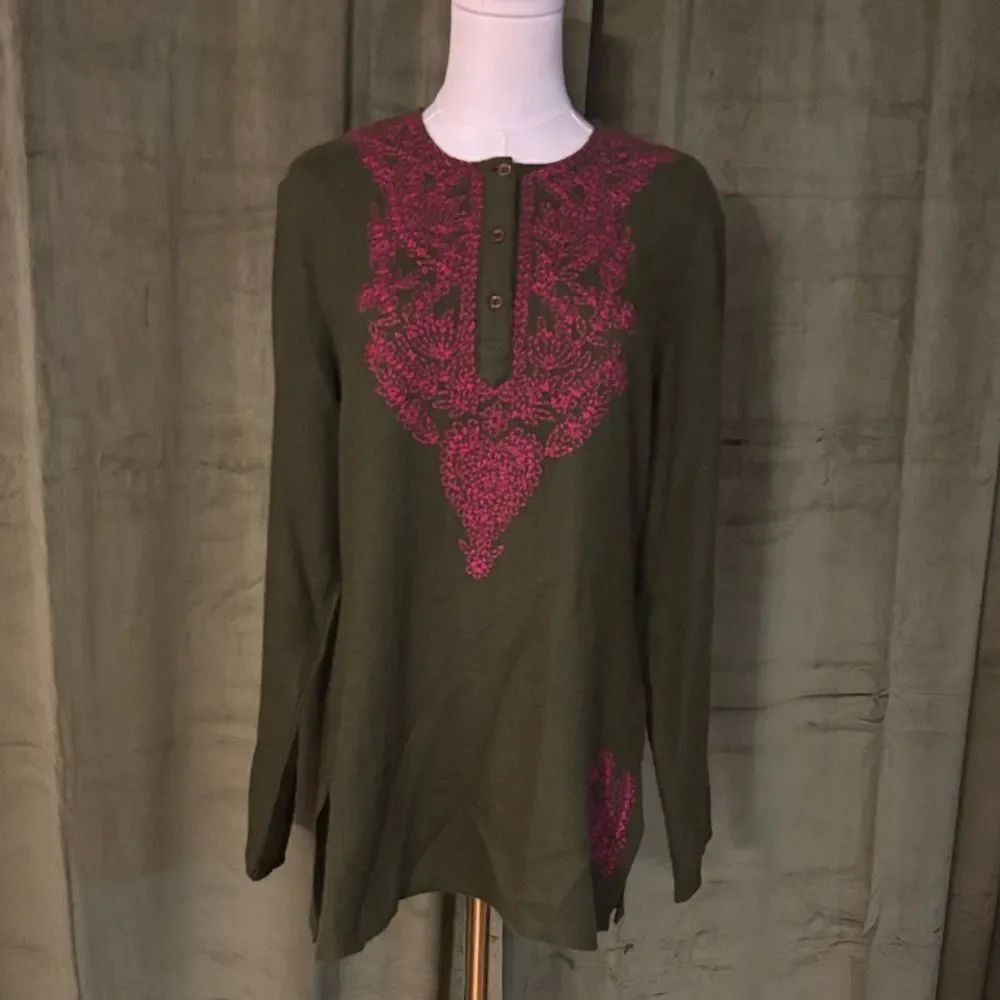 Hobbs 100% pure cashmere Chic Olive Tunic with Pink embroidery Detailing, US6